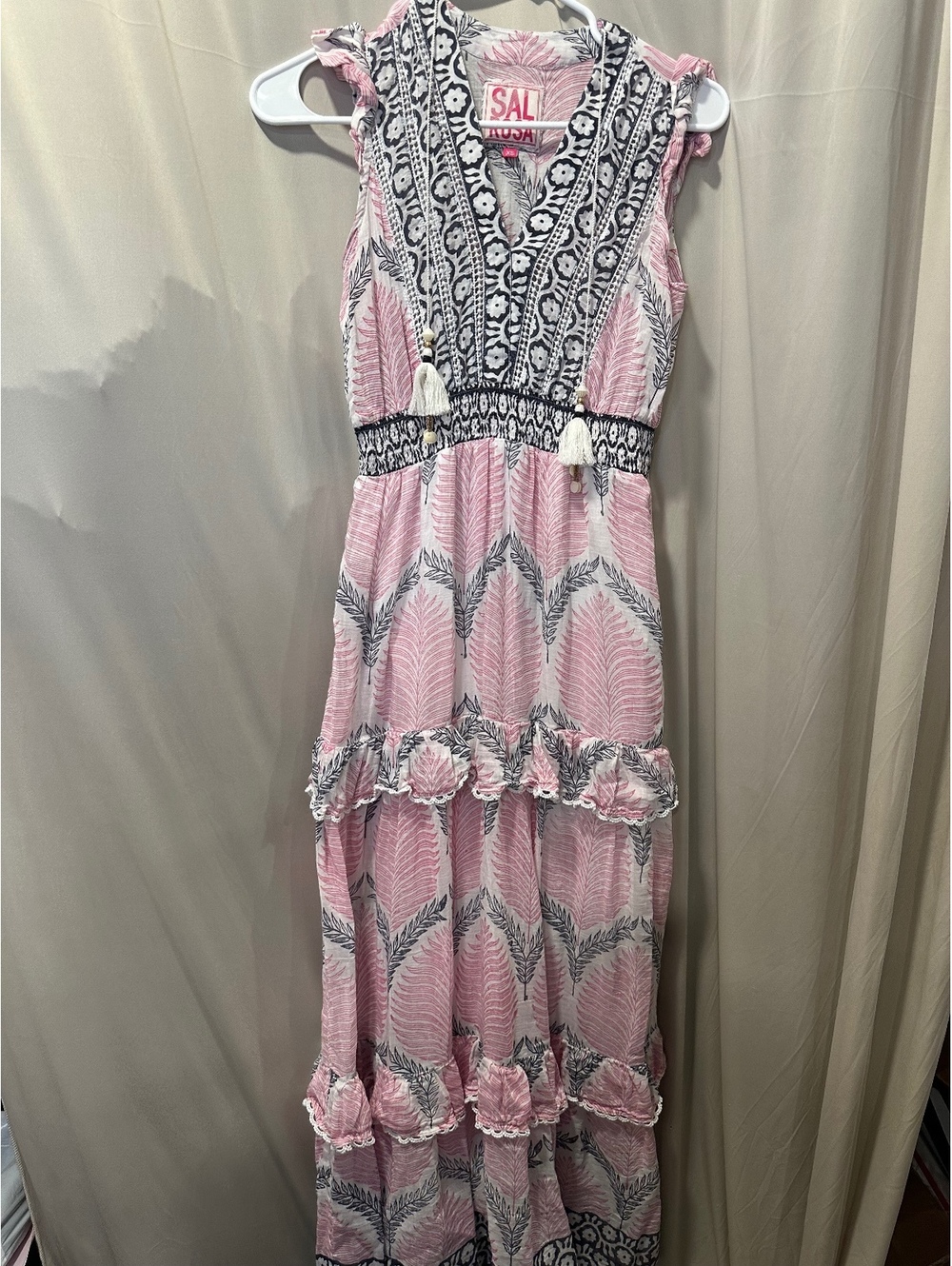 SAL ROSA Boho Maxi Dress XS Pink Black Floral Leaf Print Silk Cotton Ruffle